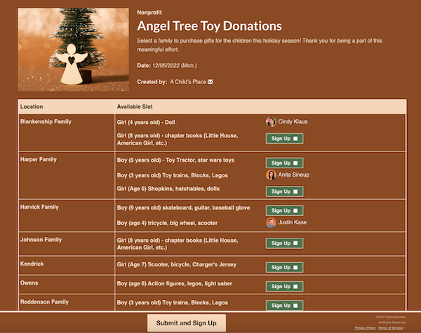 screenshot of angel tree toy donation sign up