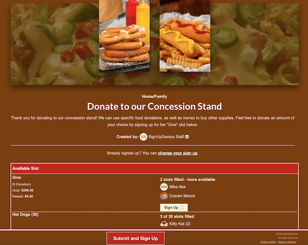 screenshot of concession stand donation sign up