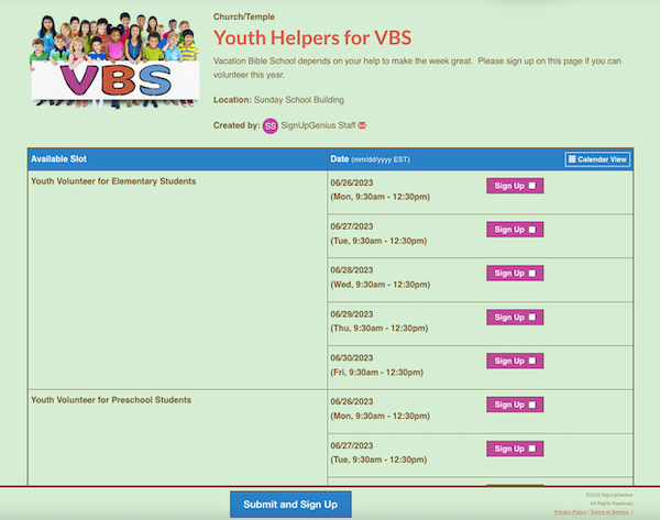 screenshot of VBS youth helper volunteer sign up