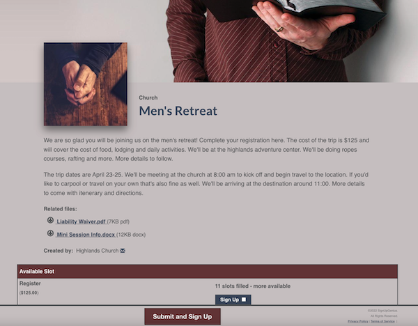screenshot of men's retreat sign up