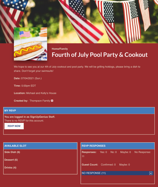 screenshot of 4th of july pool party and cookout sign up