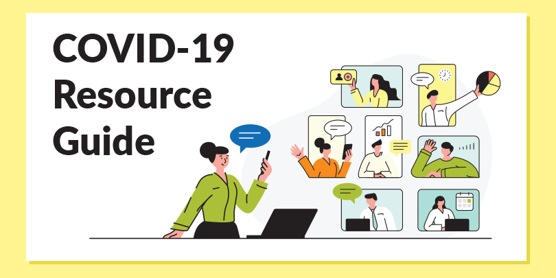 graphic with people on virtual chats and text saying COVID-19 Resource Guide