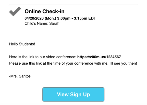 screenshot of email with a link to video conference