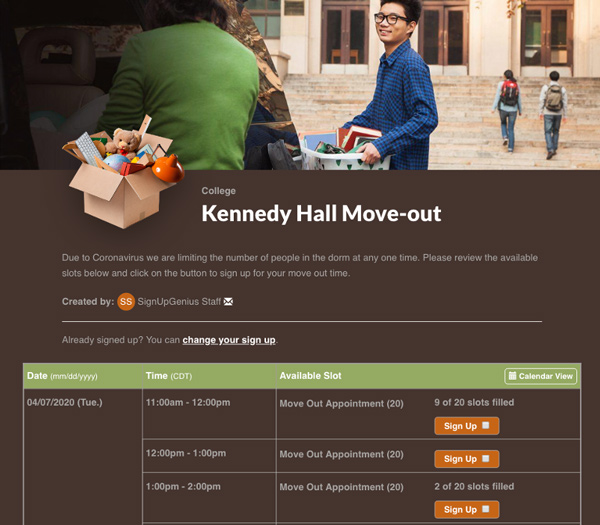 screenshot of university hall move-out sign up
