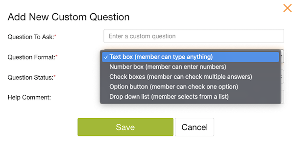 screenshot of different customer question options