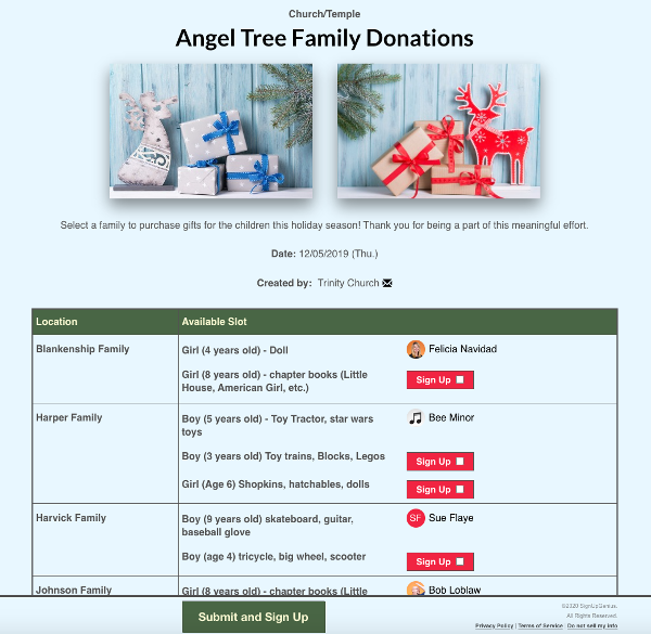 screenshot of angel tree donation sign up with images of wrapped holiday gifts