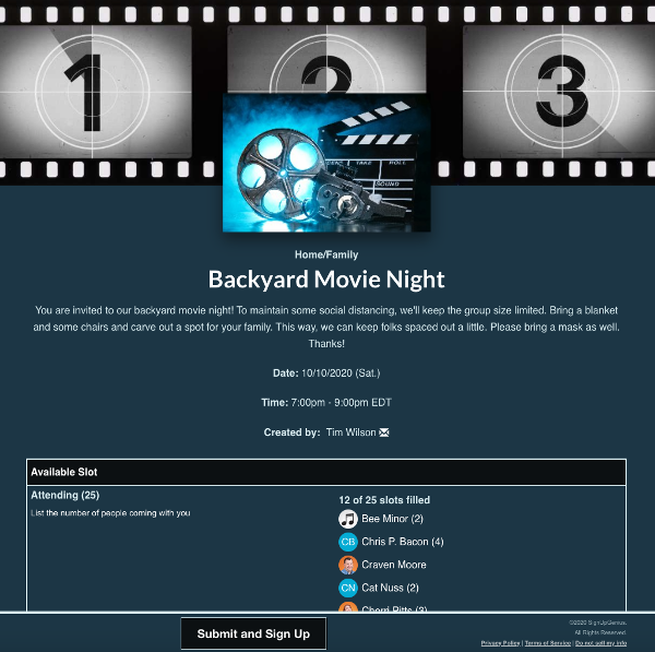 screenshot of sign up with slots for a backyard movie night