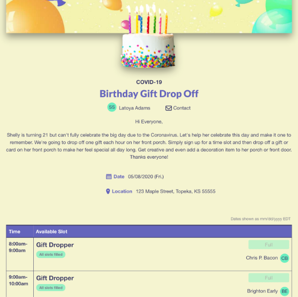 screenshot of sign up showing birthday gift drop off slots