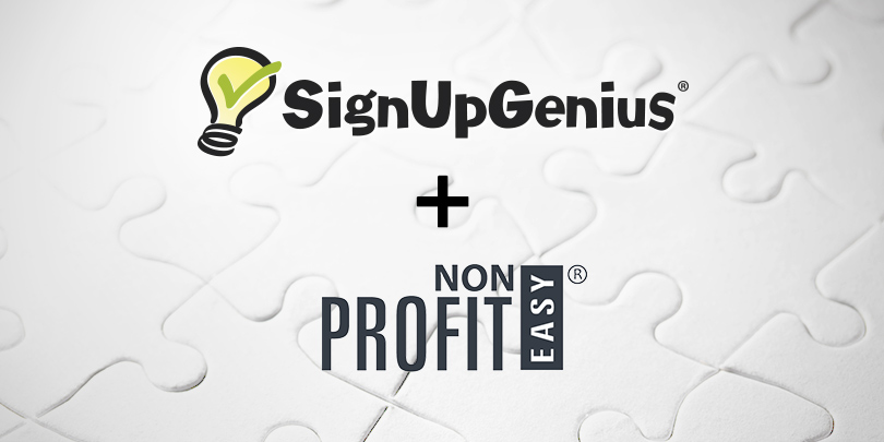 signupgenius plus nonprofiteasy logos on a white puzzle background