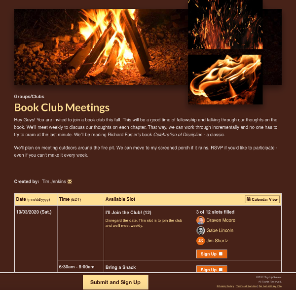 screenshot of book club sign up with bonfire image design