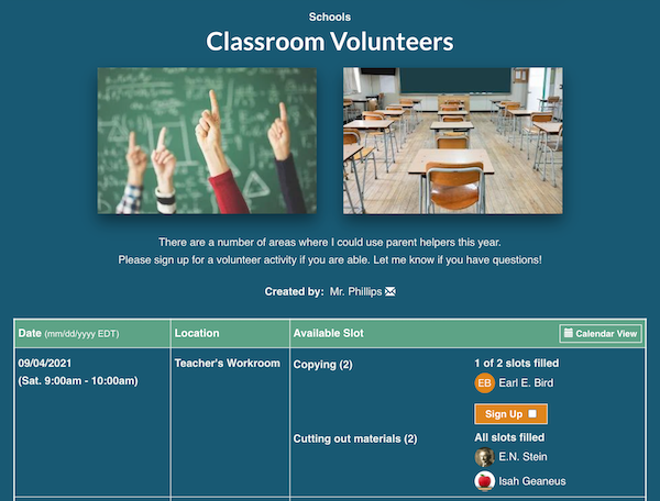screenshot of sign up for classroom volunteers