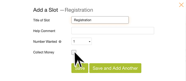 attach payment collect money feature to sign up slot selection