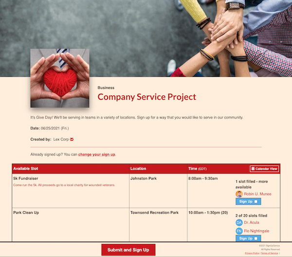 company service project sign up