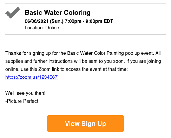 screenshot of a confirmation email for water coloring class with Zoom link