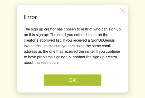 error reject sign ups approved list security feature