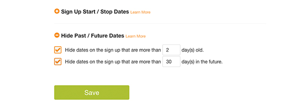 hide past future dates sign up selection