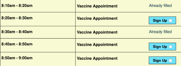 screenshot of vaccine appointment slots with names hidden