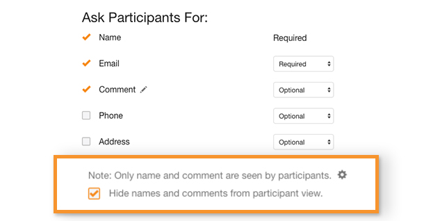 screenshot of settings area where you can select hide names and comments from participants
