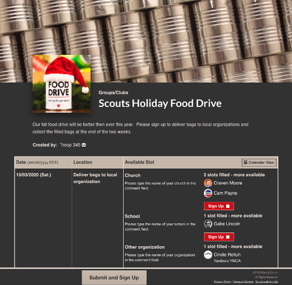 screenshot of scouts holiday food drive sign up