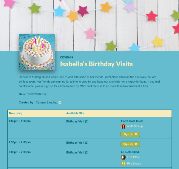 screenshot of sign up scheduling isabella's birthday visits