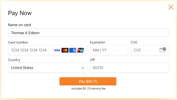 screenshot of LumaPay payment pop up