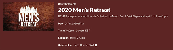 screenshot showing custom image on a church men's retreat sign up