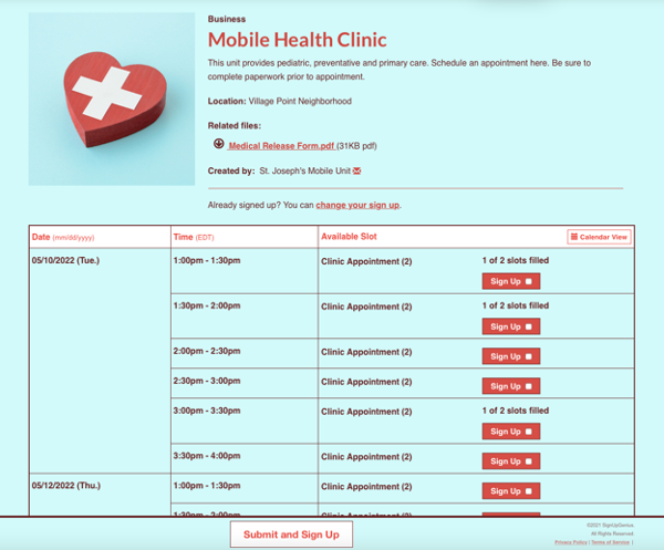 screenshot of mobile health clinic schedule sign up