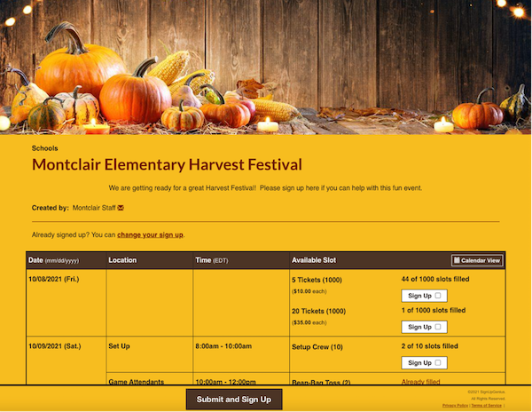 screenshot of elementary school harvest festival sign up