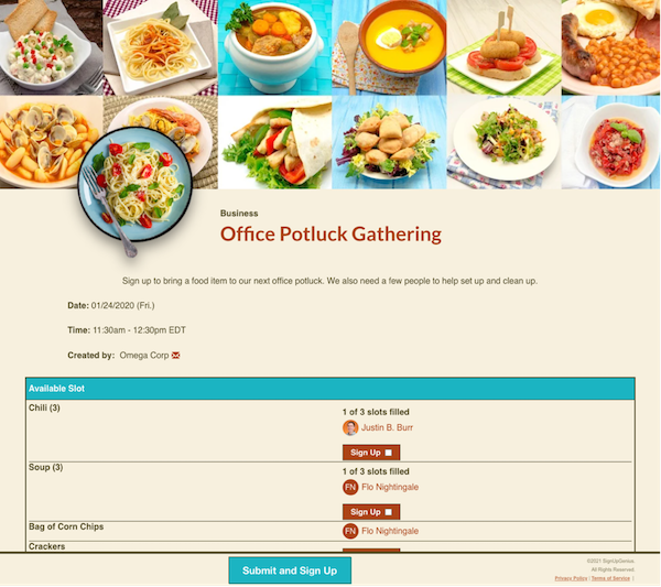 office potluck gathering sign up