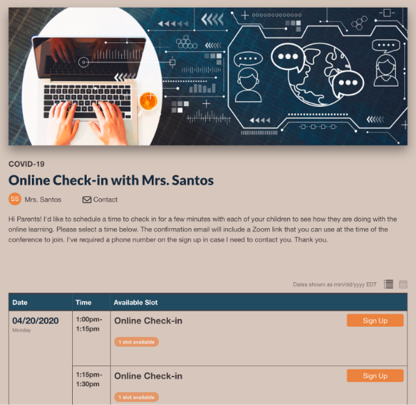 screenshot of online check in with teacher sign up