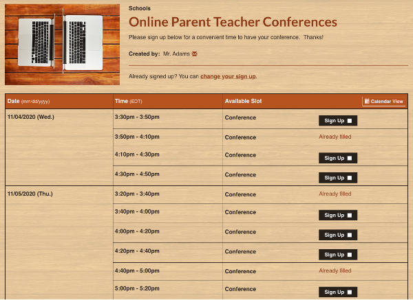 screenshot of sign up for online parent teacher conferences