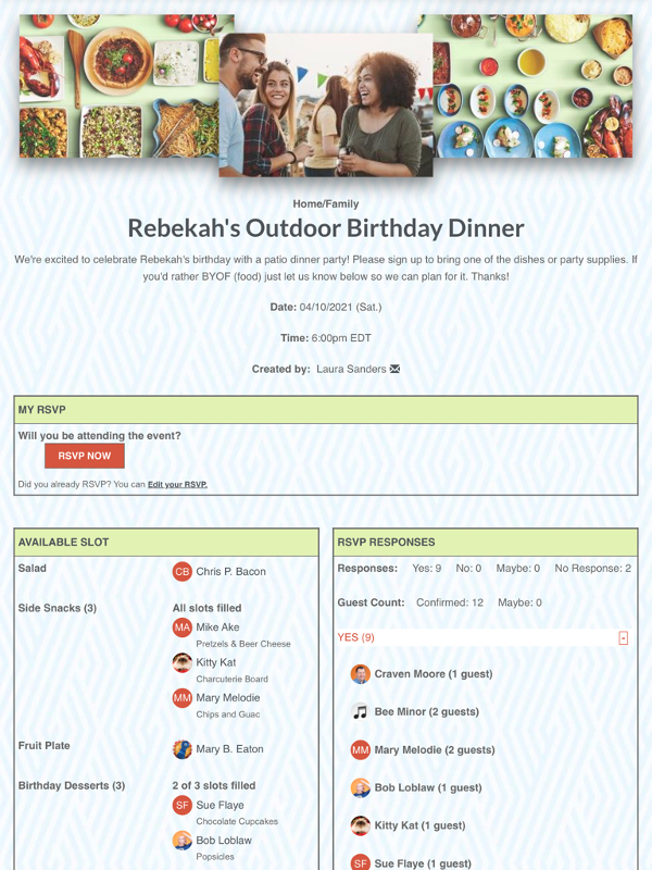 screenshot of outdoor birthday dinner party sign up