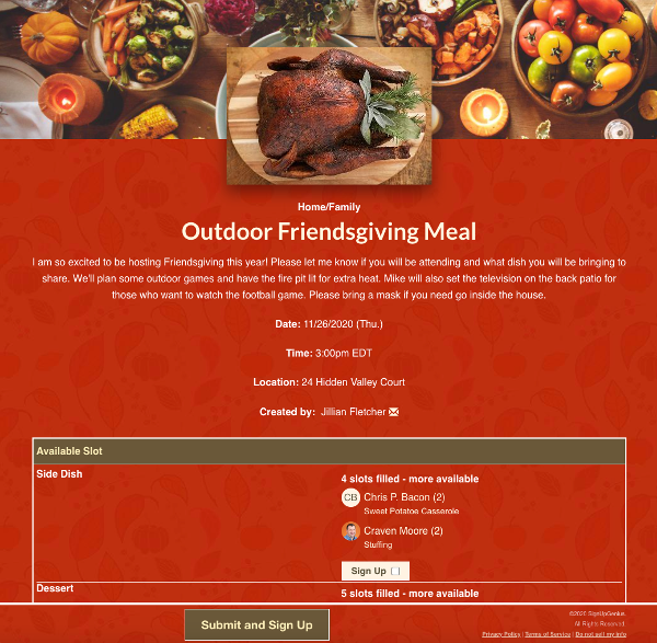 screenshot of friendsgiving sign up with images of roasted turkey and plates of side dishes