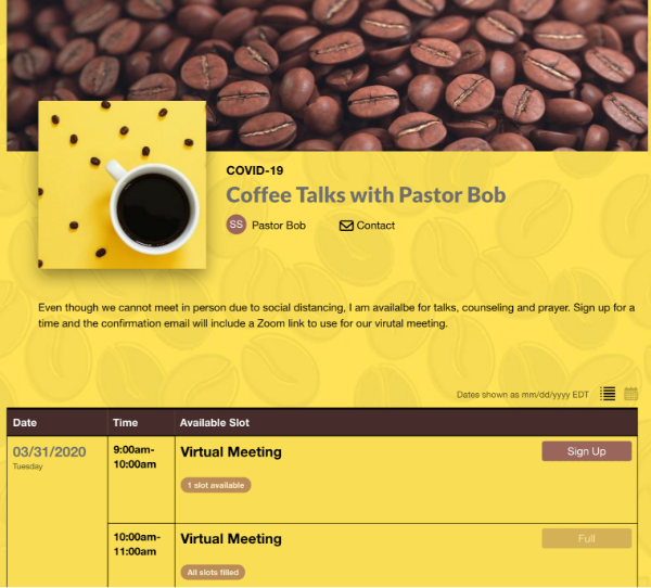 screenshot of sign up for pastor coffee talks