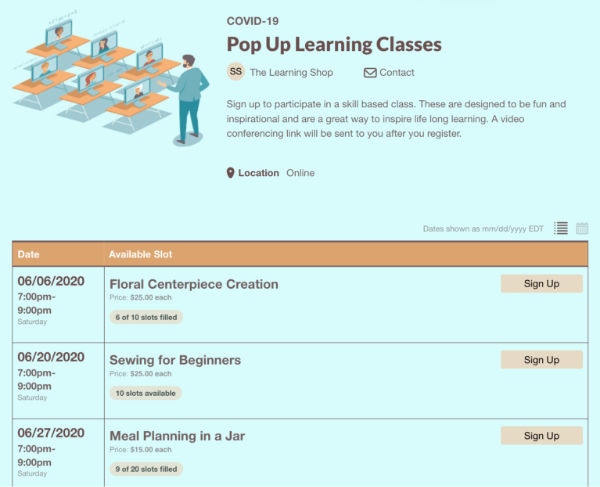 screenshot of pop up learning class sign ups