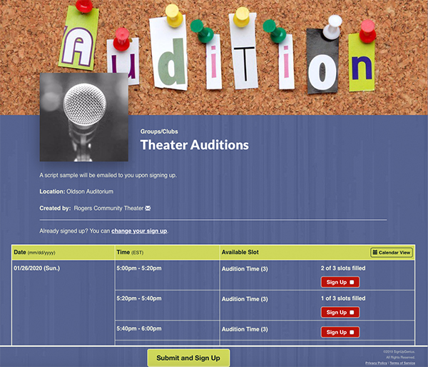 SignUpGenius sign up organizing Theater Auditions