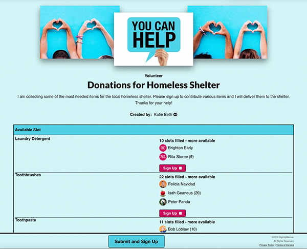 SignUpGenius sign up collecting Donations for Homeless Shelter