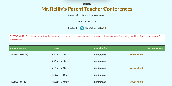 parent teacher conference sign up with closed dates