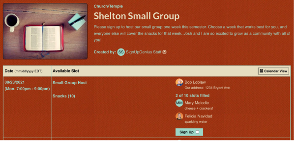 screenshot of sign up for church small group