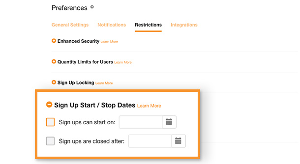 screenshot of start stop dates area