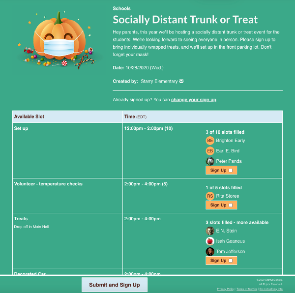 screenshot of trunk or treat sign up