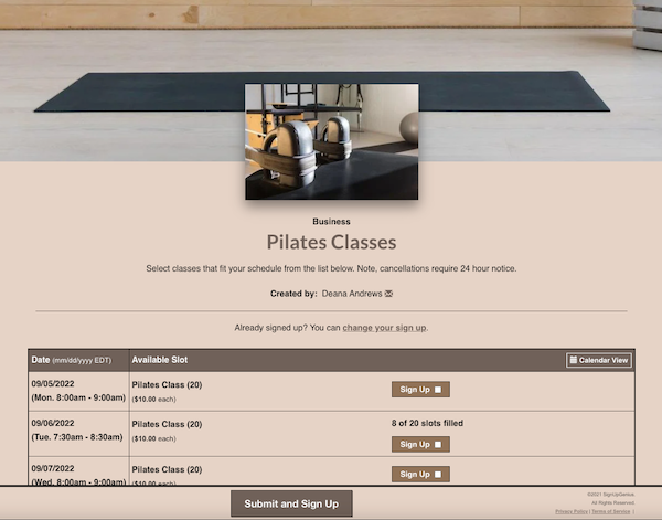 screenshot of pilates class registration sign up