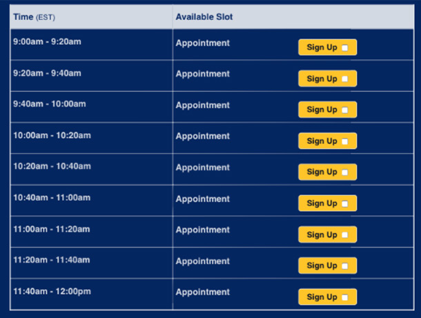 image of online sign up with time slots