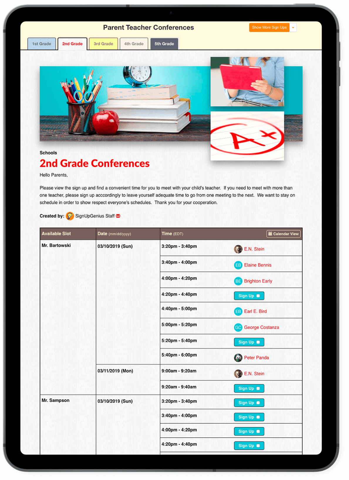 Parent Teacher Conference Sign Up on iPad