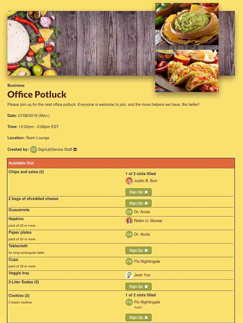 Organize an office party with an online potluck sign up to coordinate food.