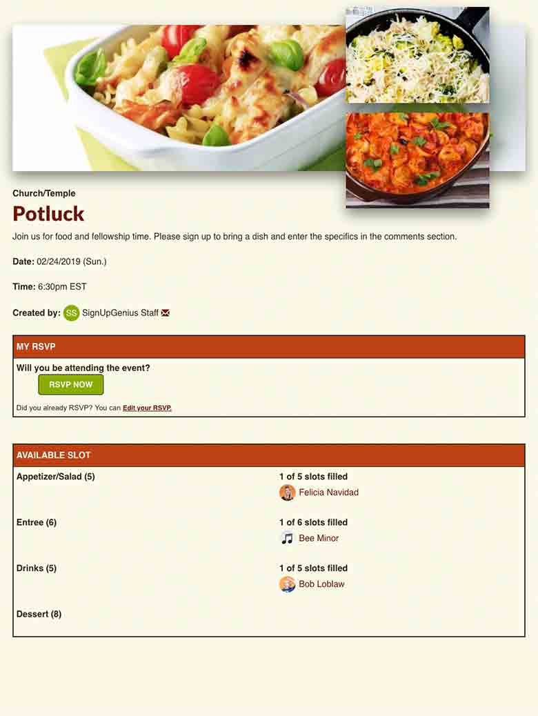 Plan a potluck or church picnic with a sign up that lets people bring their favorite recipes.